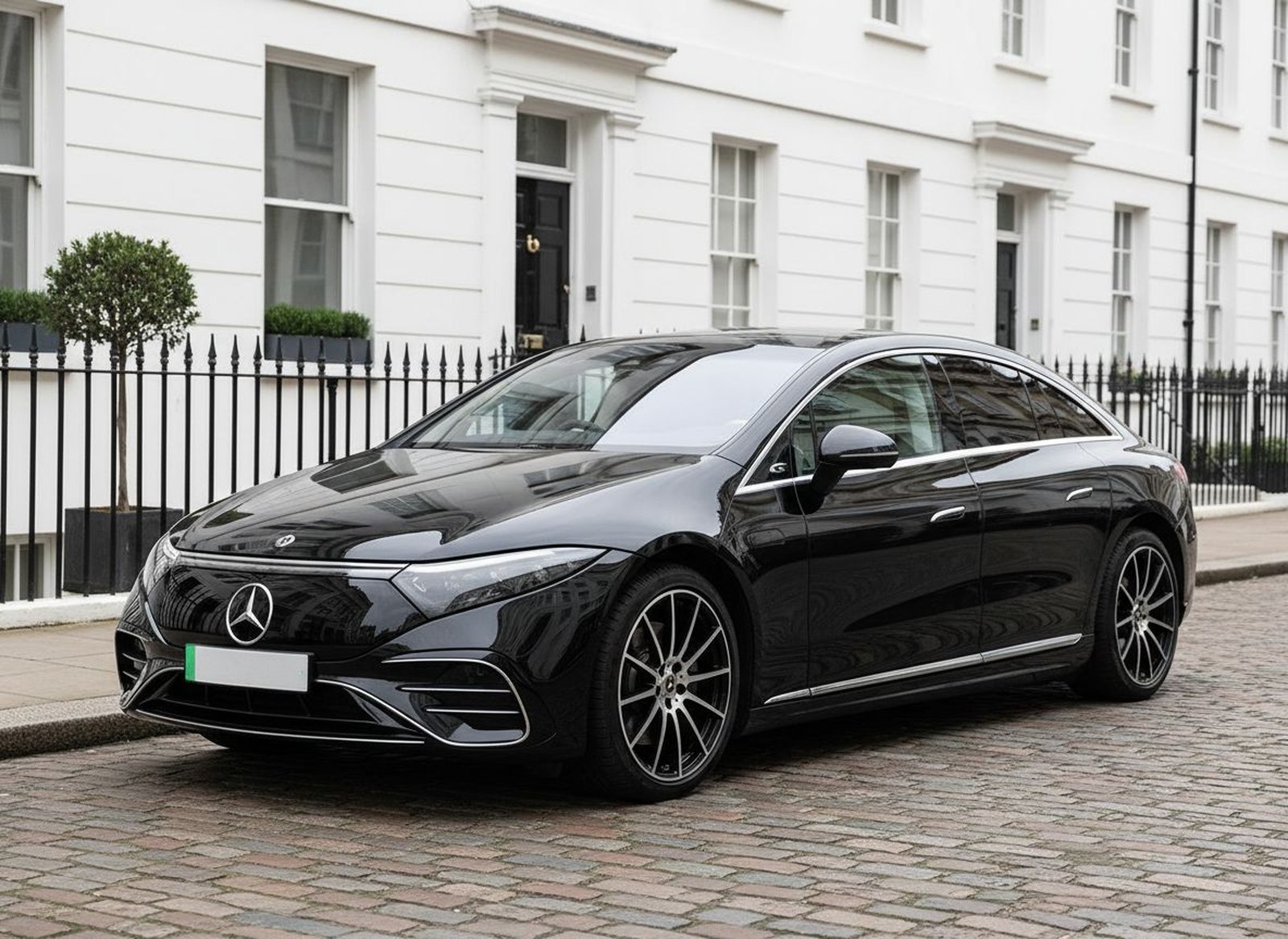 Black electric Mercedes-Benz EQE chauffeur car, Crest Chauffeurs London
