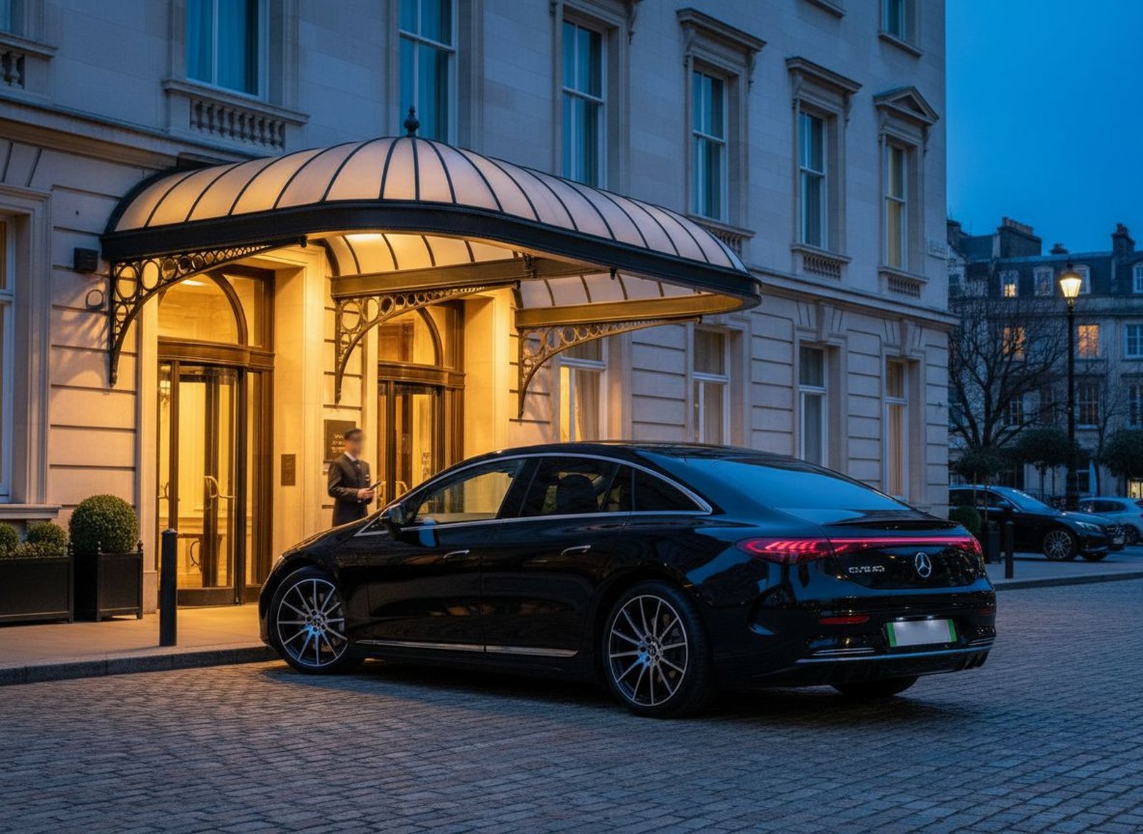 Electric Mercedes-Benz EQE at a hotel entrance, London City Airport corporate chauffeur