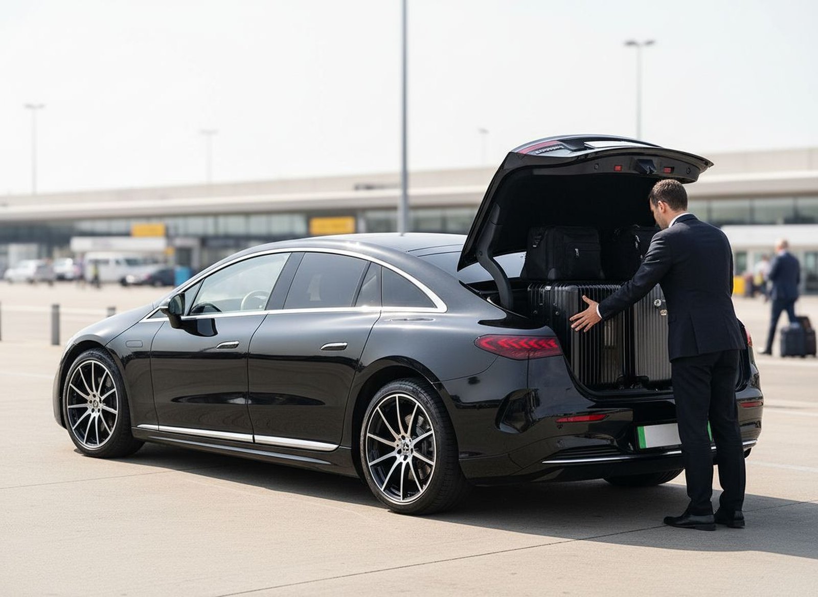 Boot of the Mercedes-Benz EQE loaded with two large suitcases and cabin bags