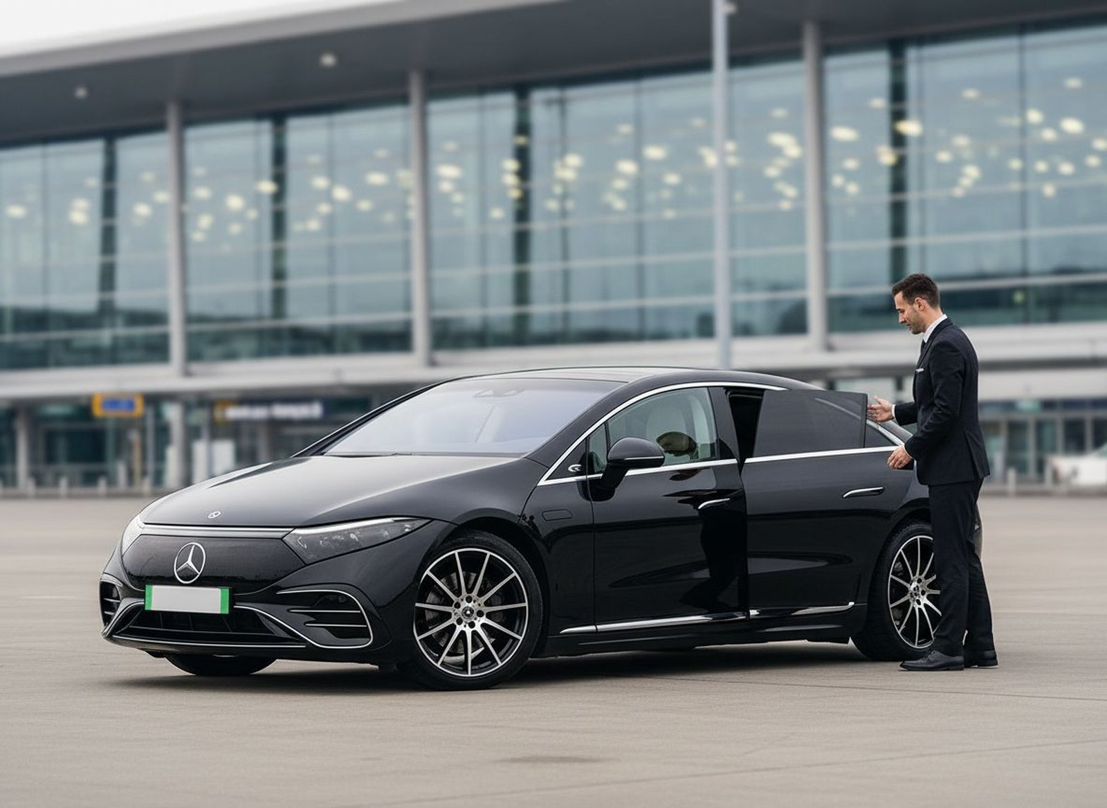 Crest Chauffeurs London chauffeur holding the rear door of the electric Mercedes-Benz EQE at a Heathrow terminal drop-off
