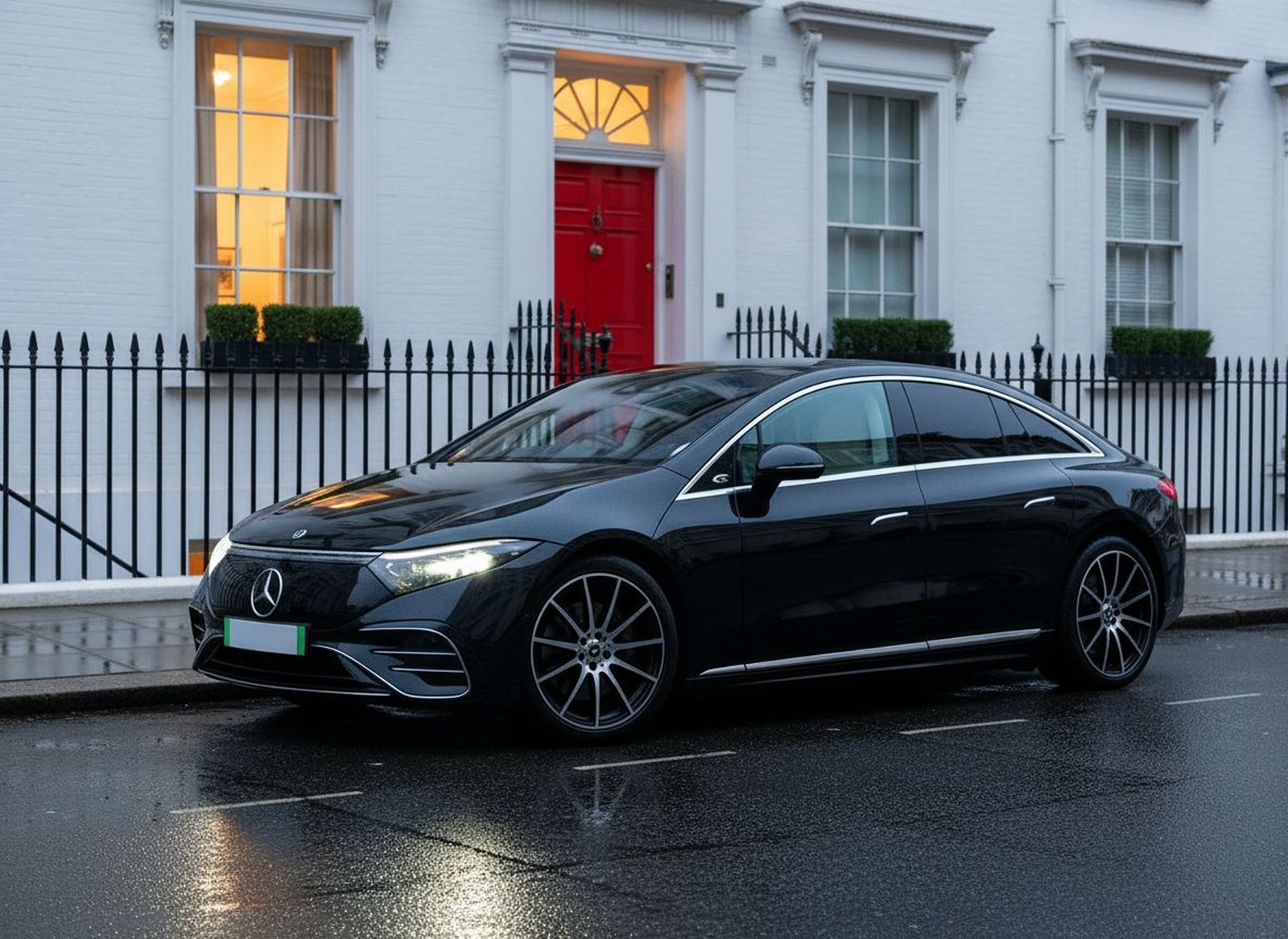 Electric Mercedes-Benz EQE waiting outside a London townhouse for an evening Stansted transfer